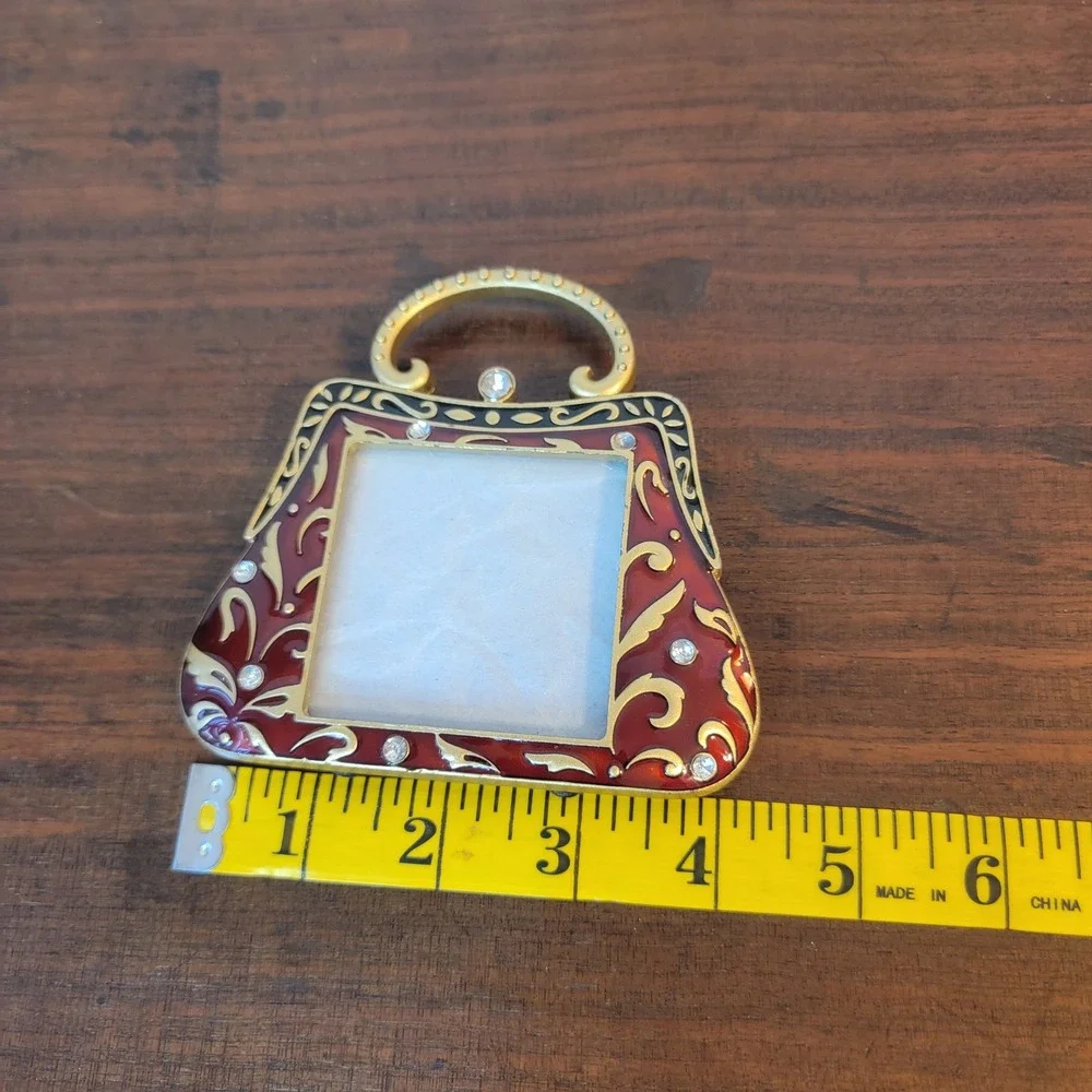 Purse Handbag Picture Frame Burgundy Red Gold Rhinestone Jewel Metal Enamel‎
